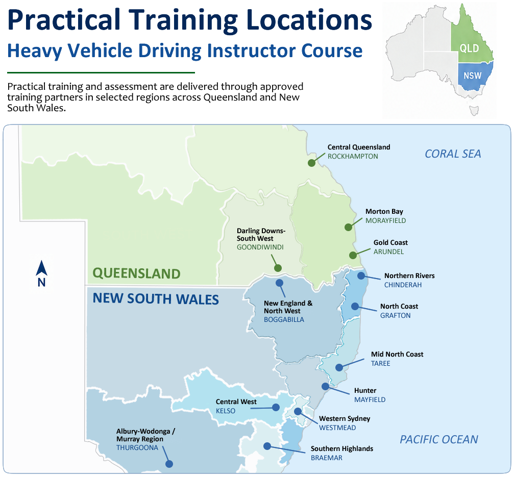 Map showing practical training regions and provider locations across Queensland and New South Wales